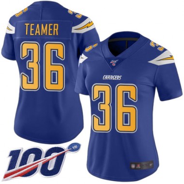 Los Angeles Chargers NFL Football Roderic Teamer Electric Blue Jersey Women Limited 36 100th Season Rush Vapor Untouchable